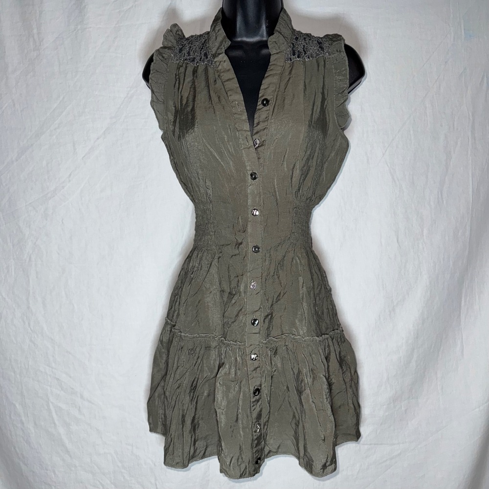 American Rag Women Olive Green Lace Trim Smocked Waist Button Front Mini Dress M